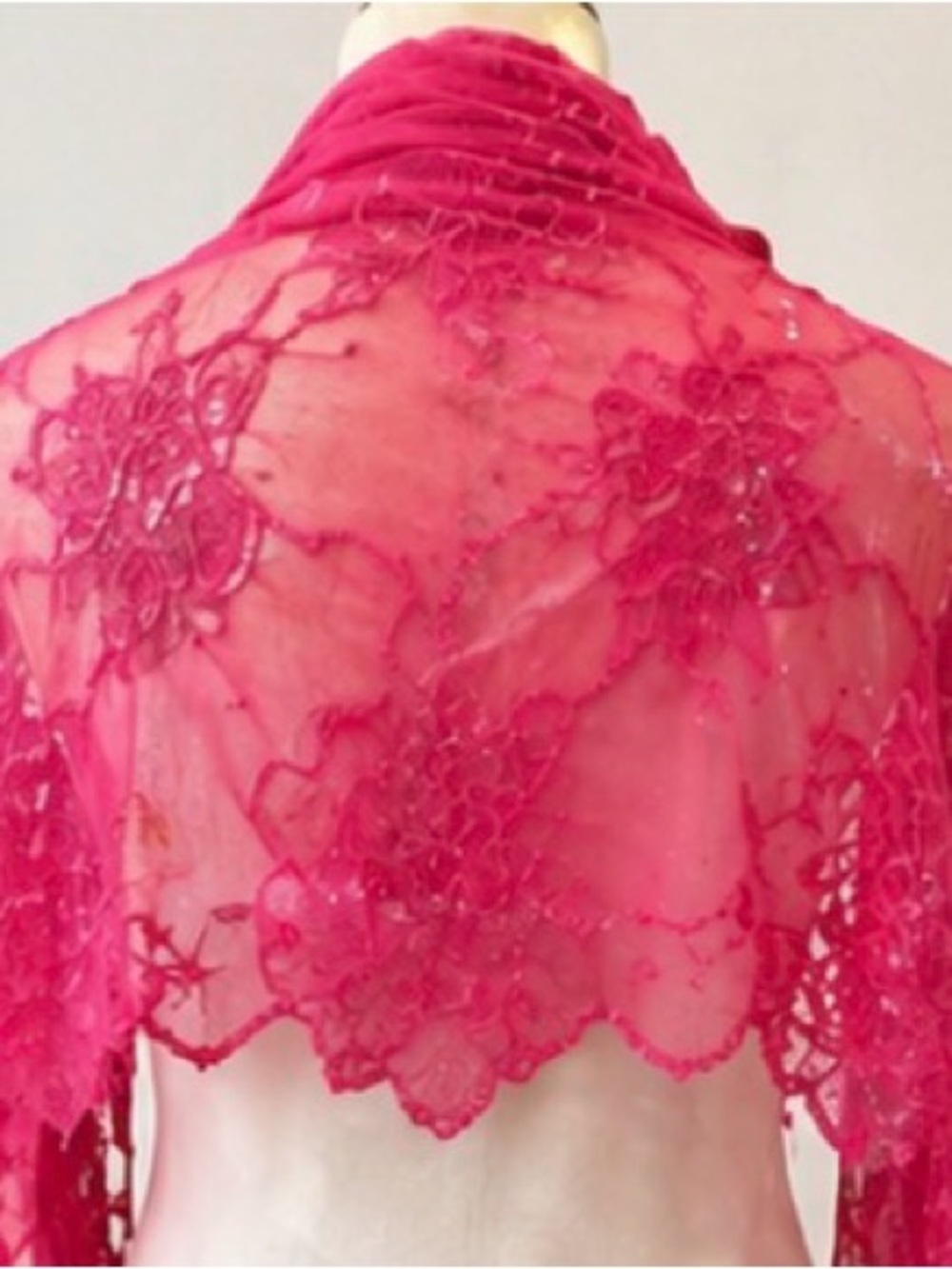 Hot Pink Sheer Lace Floral Embroidered Fringe Scarf Lightweight Boho Shawl - Picture 3 of 6